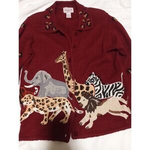 Ronnie Salloway Womens‎ Cardigan Sweater Animal Print Burgundy Size S